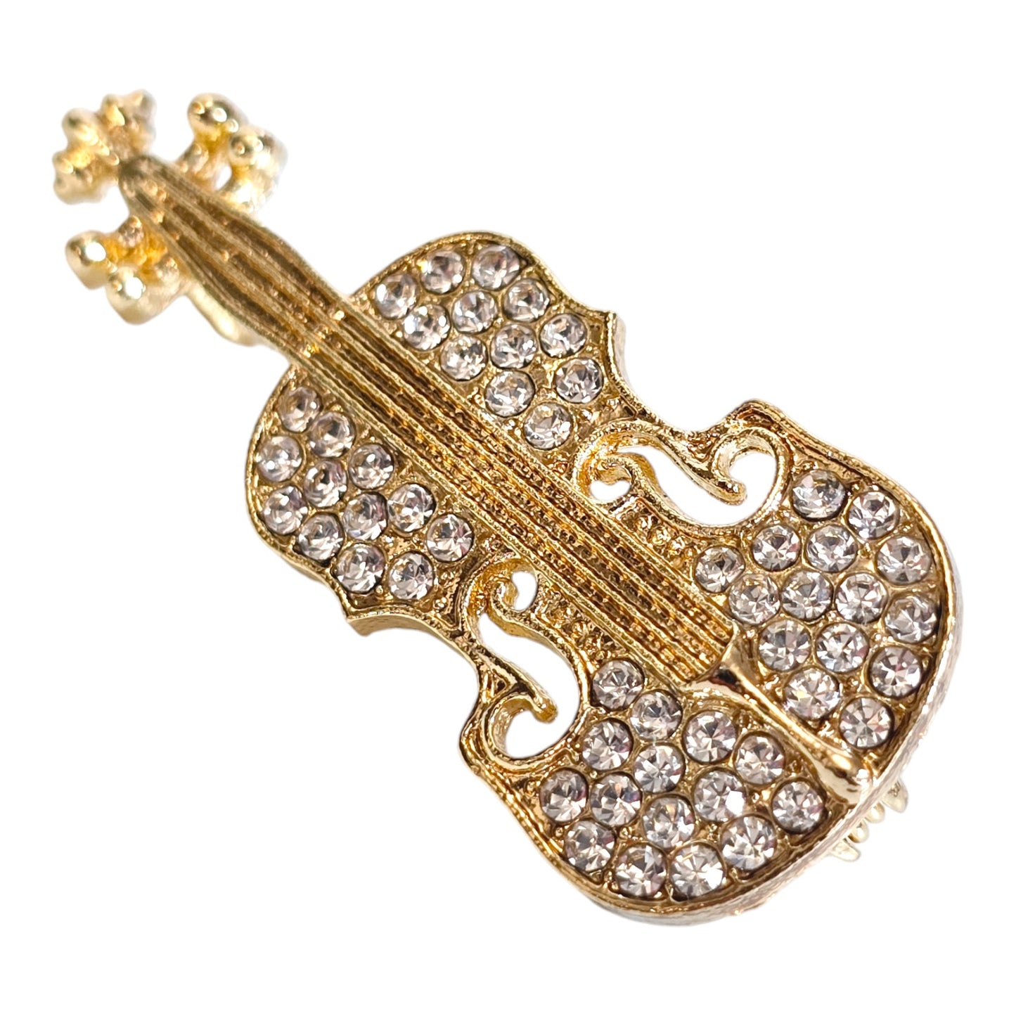 Violin Brooch Gold Tone with Rhinestons Pin