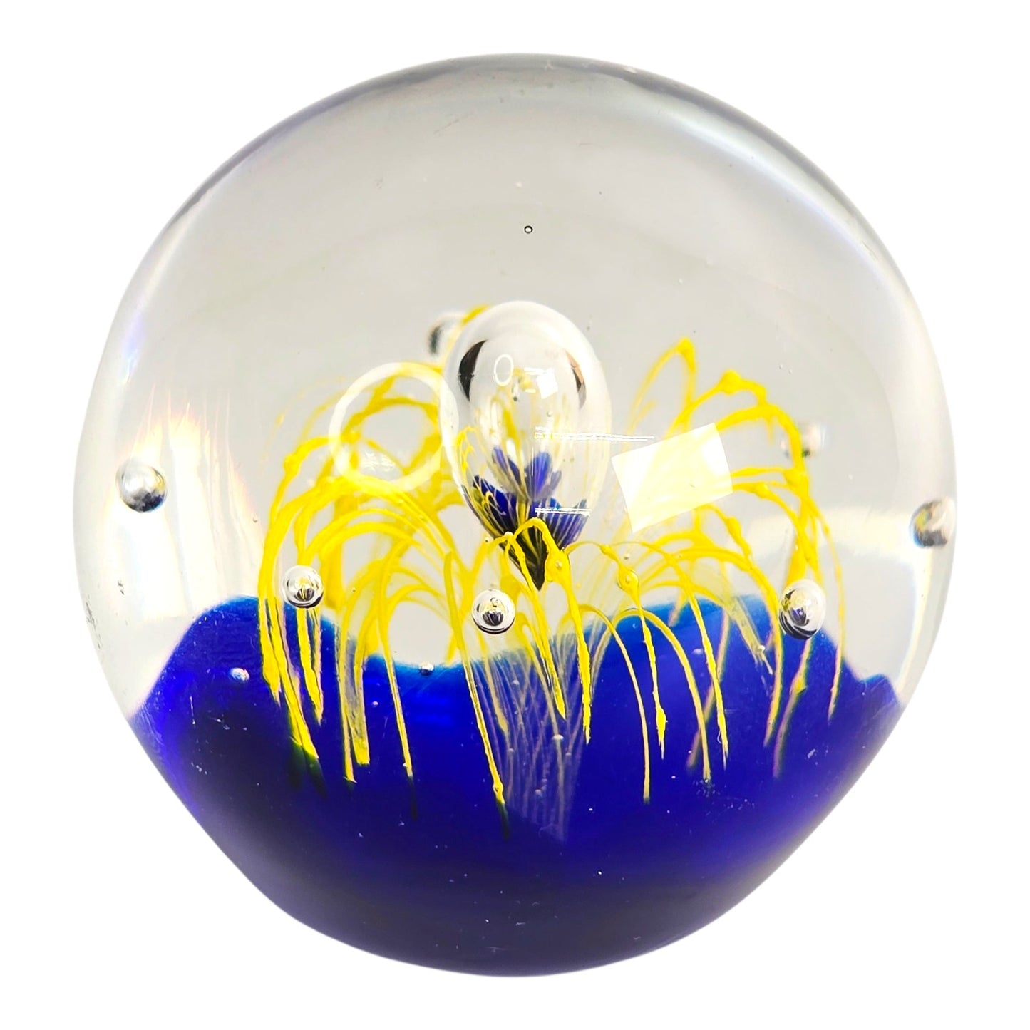 Art Glass Paperweight Cobalt Blue Yellow Firework Design