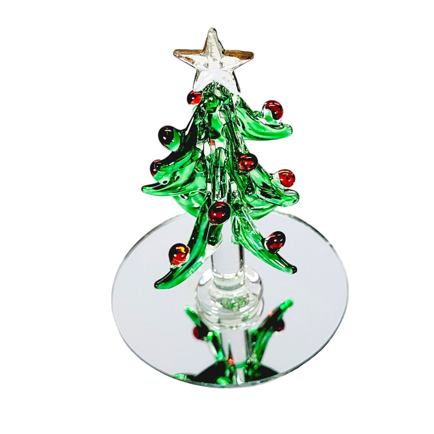 Vintage Spun Art Glass Christmas Tree with Mirror Base, Berries & Star, 3.25" H