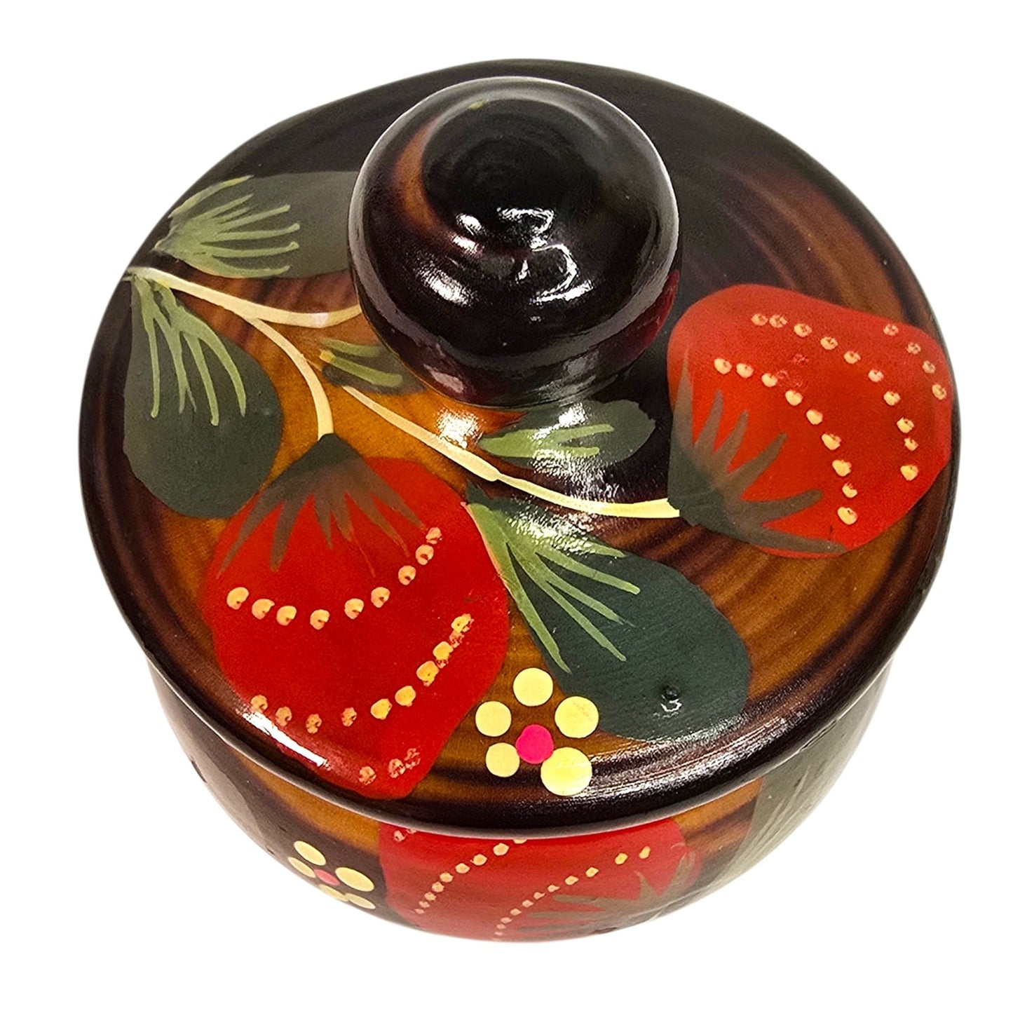 Vtg Hand Painted Strawberry Wooden Lidded Jar Rustic Folk Art Hand Turned 3.5"