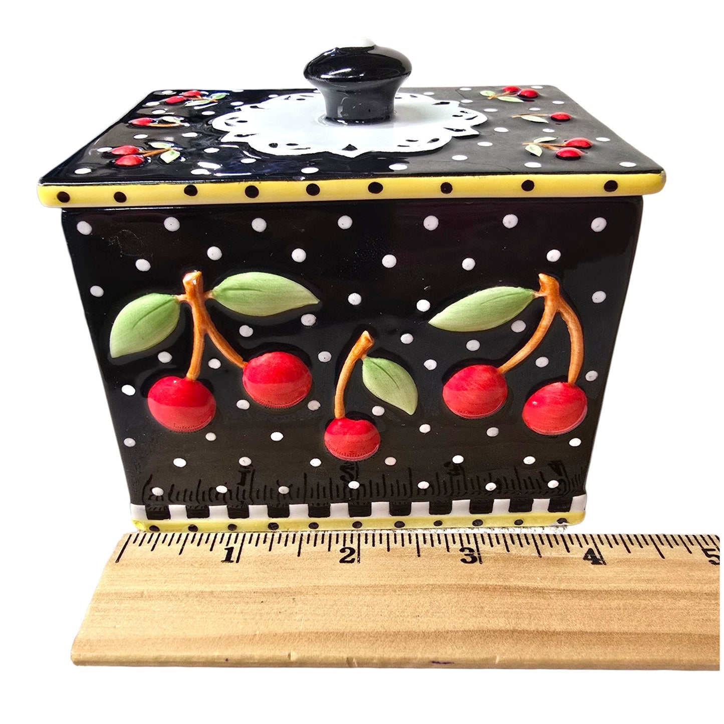 Vintage 2002 Rare Mary Engelbreit Small Cherries Ceramic Candy Box With Nob Top