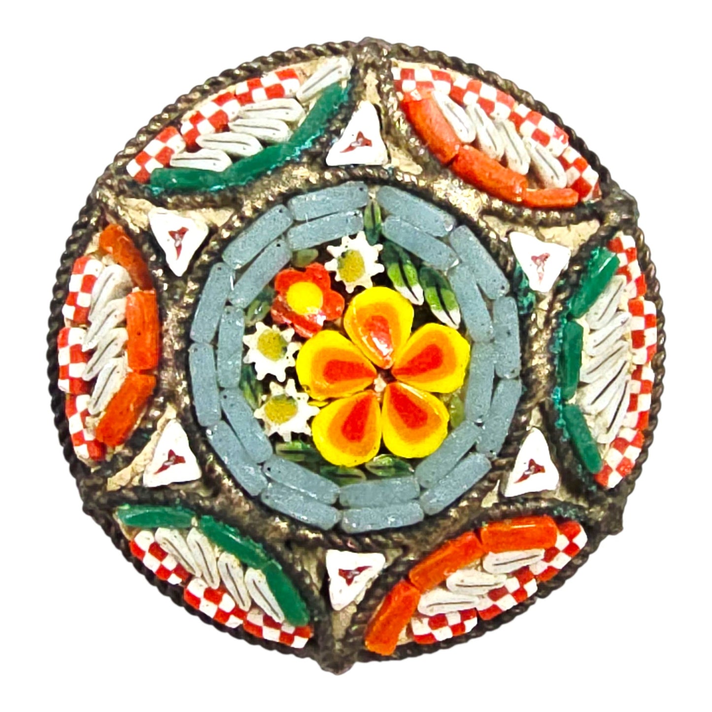 Vtg Italian Micro-Mosaic Brooch Marked Made in Italy Floral Star Red Blue Green