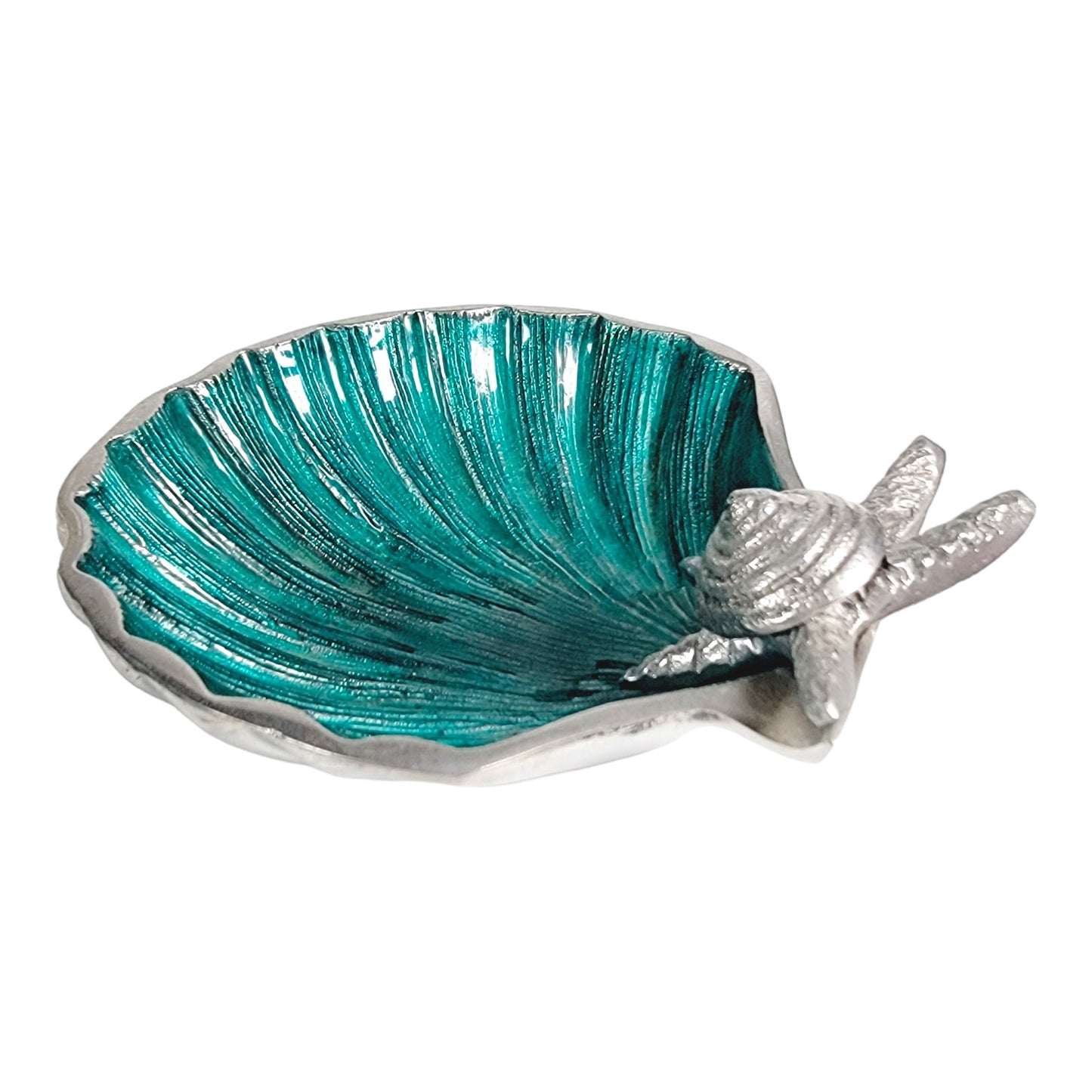 Teal Embelished Coquilles Scallop Shell Trinket Dish with Metal Starfish Shell