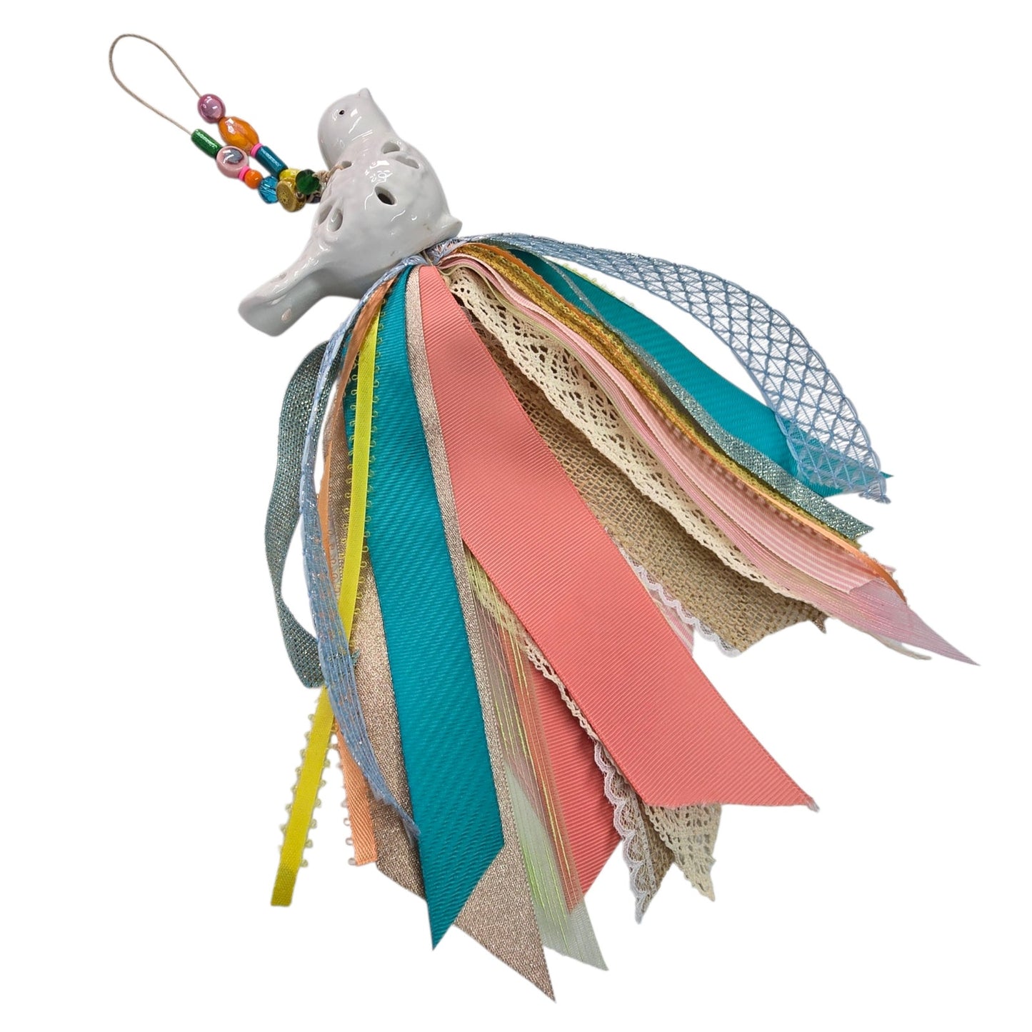Ceramic Bird Tassel | Upcycled Ceramic Figurine Hanging Ribbon Decor Boho Farmhouse