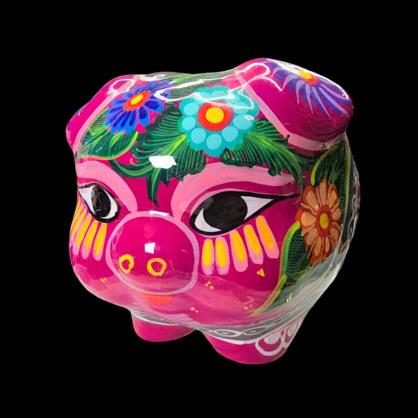 Mexican Pottery Hand-Painted Piggy Bank, Glows under Black Light