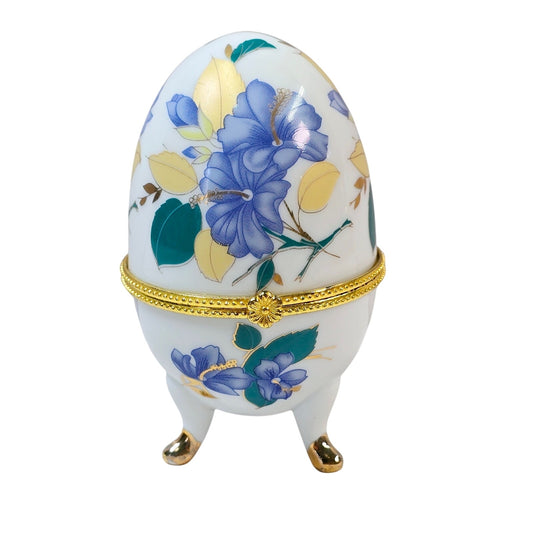 Vintage Porcelain Footed Hinged Egg Trinket Box, Purple and Yellow Floral