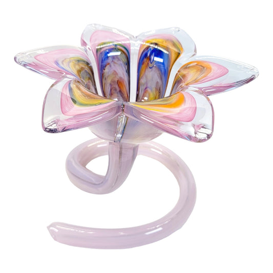 Beautiful Hand Blown Spiral Stem Art Glass Flower, Multicolor Flower with Lavender Stem