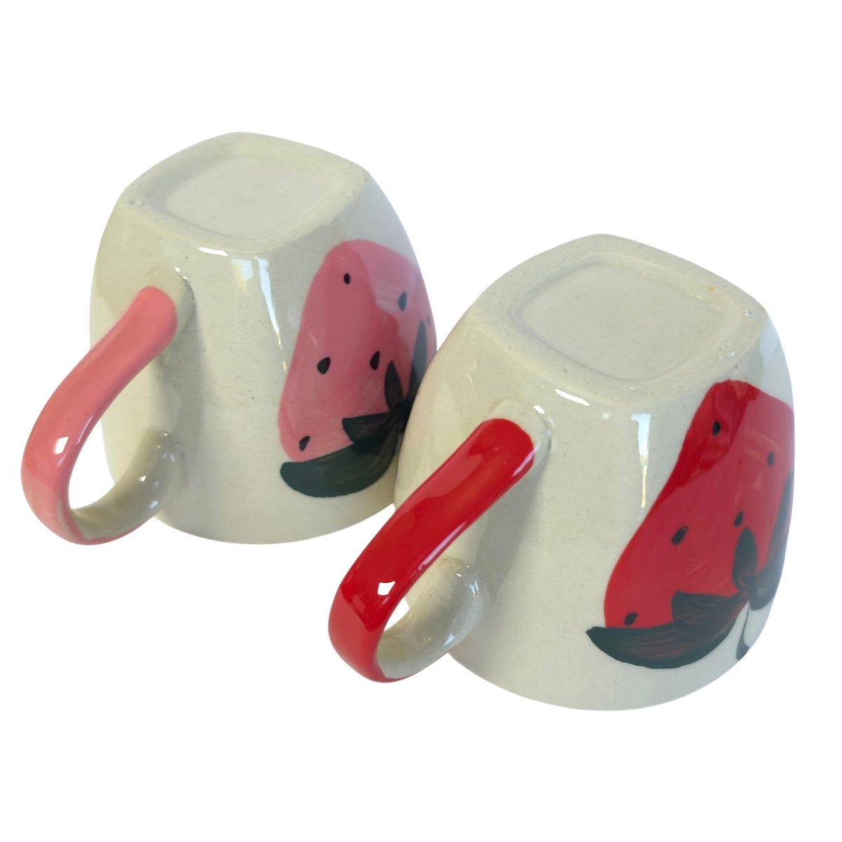 Vintage Hand-Painted Stoneware Strawberry Mugs Set of 2 Cute Art Pottery