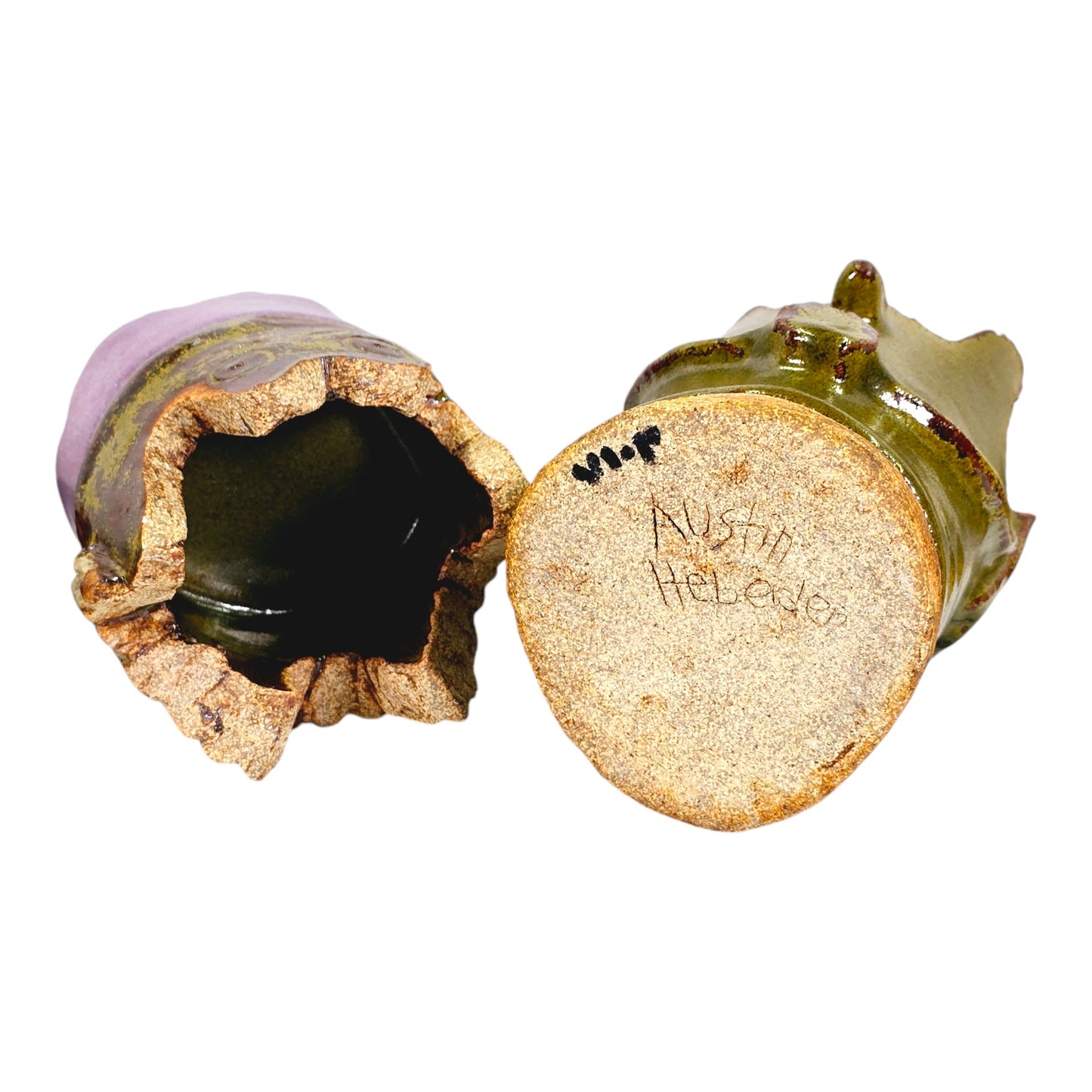 Studio Art 2 pc Heavy Pottery Odd Figure with Purple Crown, Removeable Lid and Votive Holder, 8.75" H