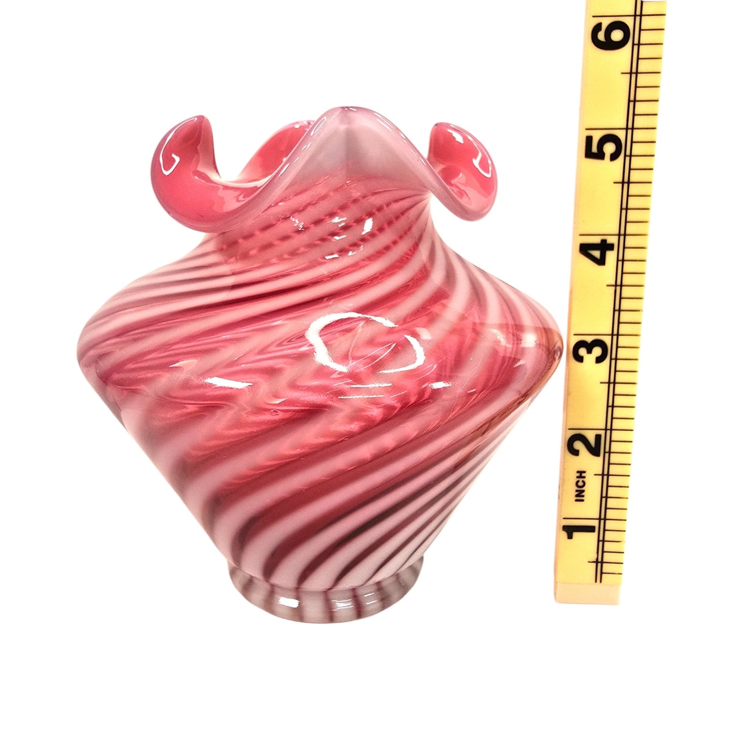 Fenton Cranberry Opalescent Swirl Glass Vase Ruffled Rim Vintage Pink