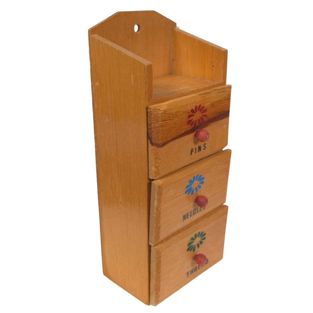 Vintage Wood Sewing Notions Box 3 Drawers Floral Wall Mount Pins Needles Thread