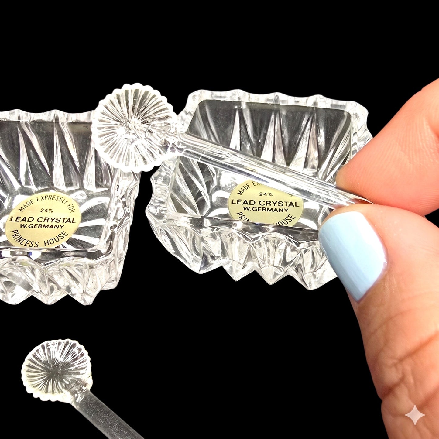 Vtg Princess House Crystal Salt Cellars & Tiny Glass Spoons W. Germany 24% Lead