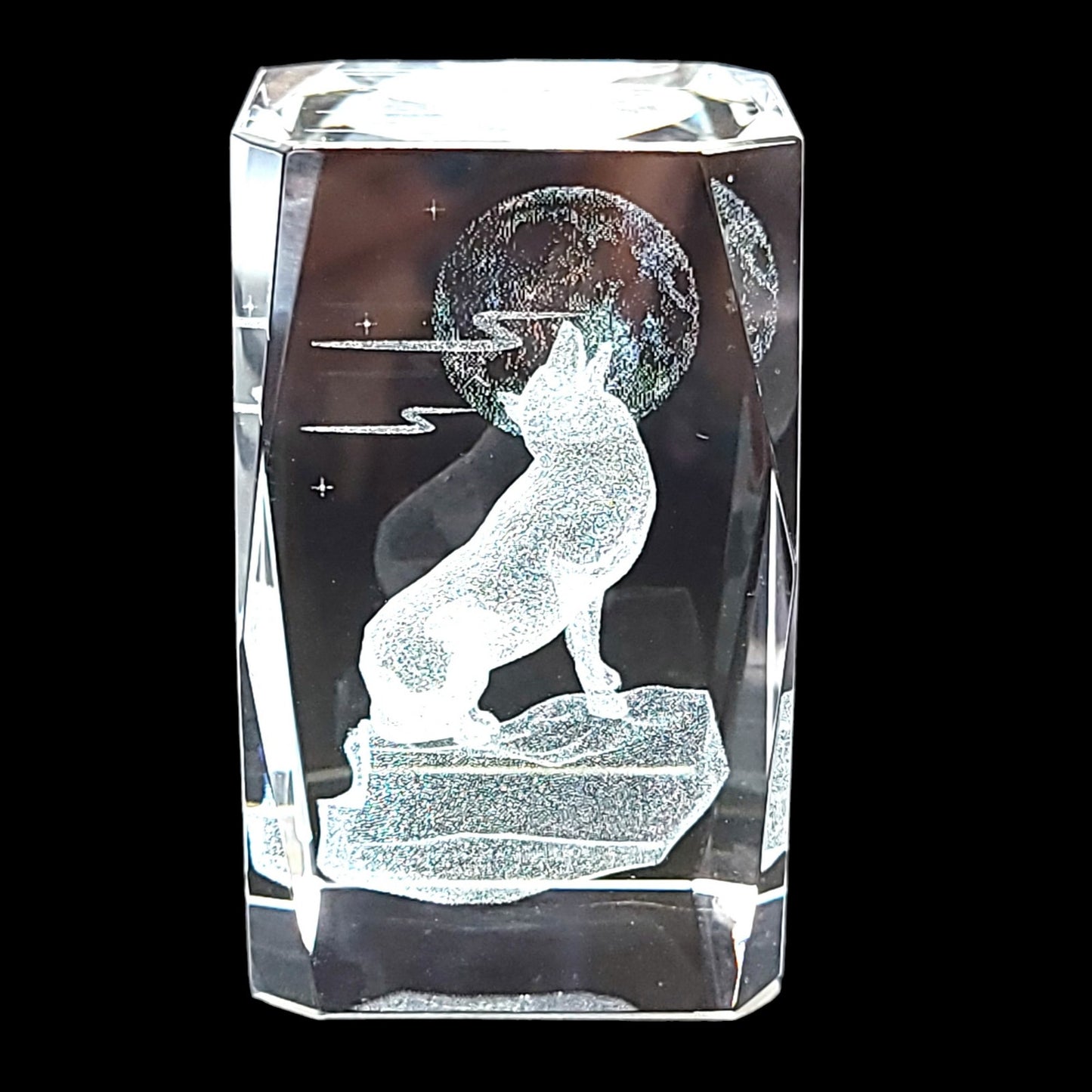 3D Laser Etched Wolf Howling at Moon Crystal Paperweight in Box 3 x 2 x 2" Original Box