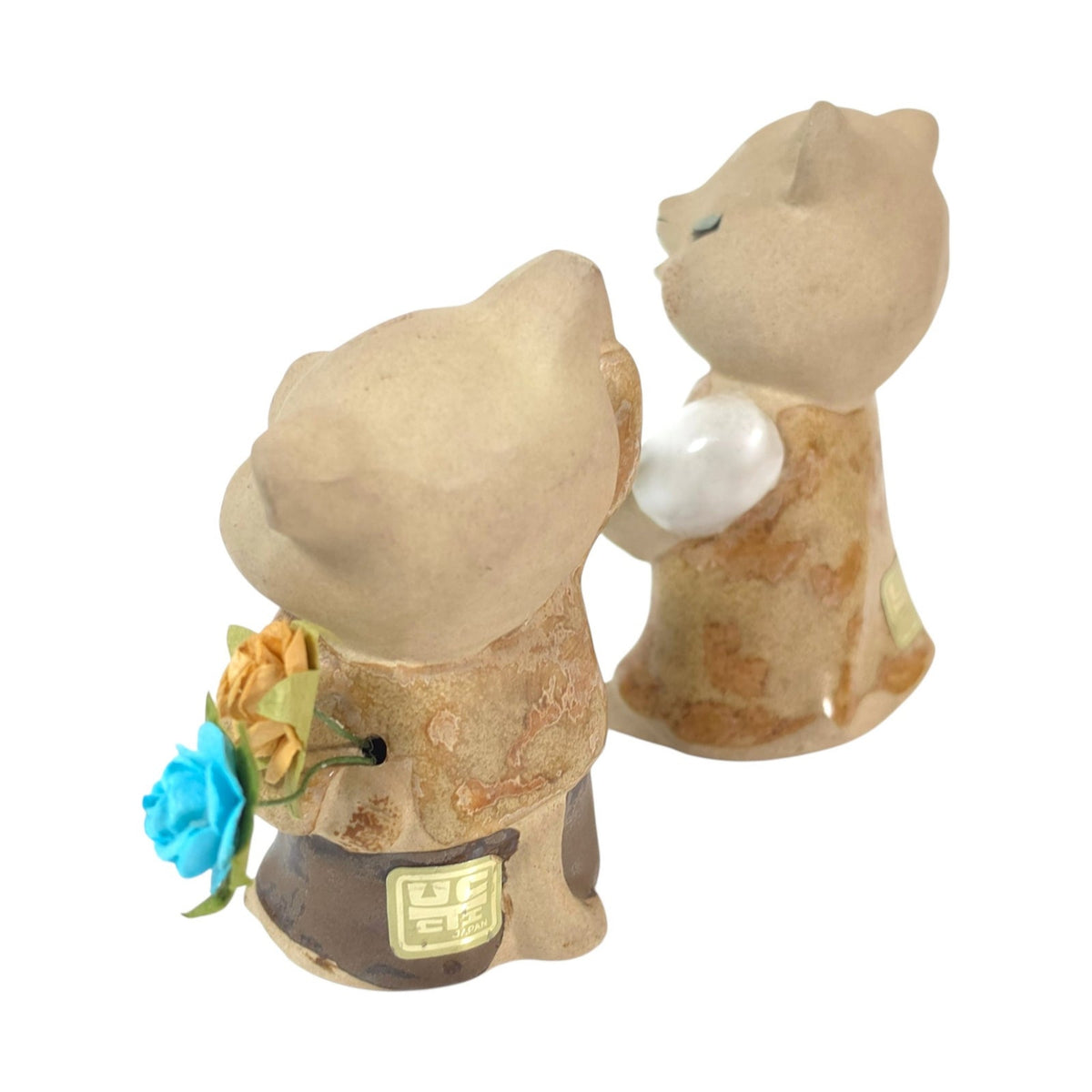 Vintage UCTCI Japan Cat Figurines Pair Boy Girl Flower Holders Speckled Pottery