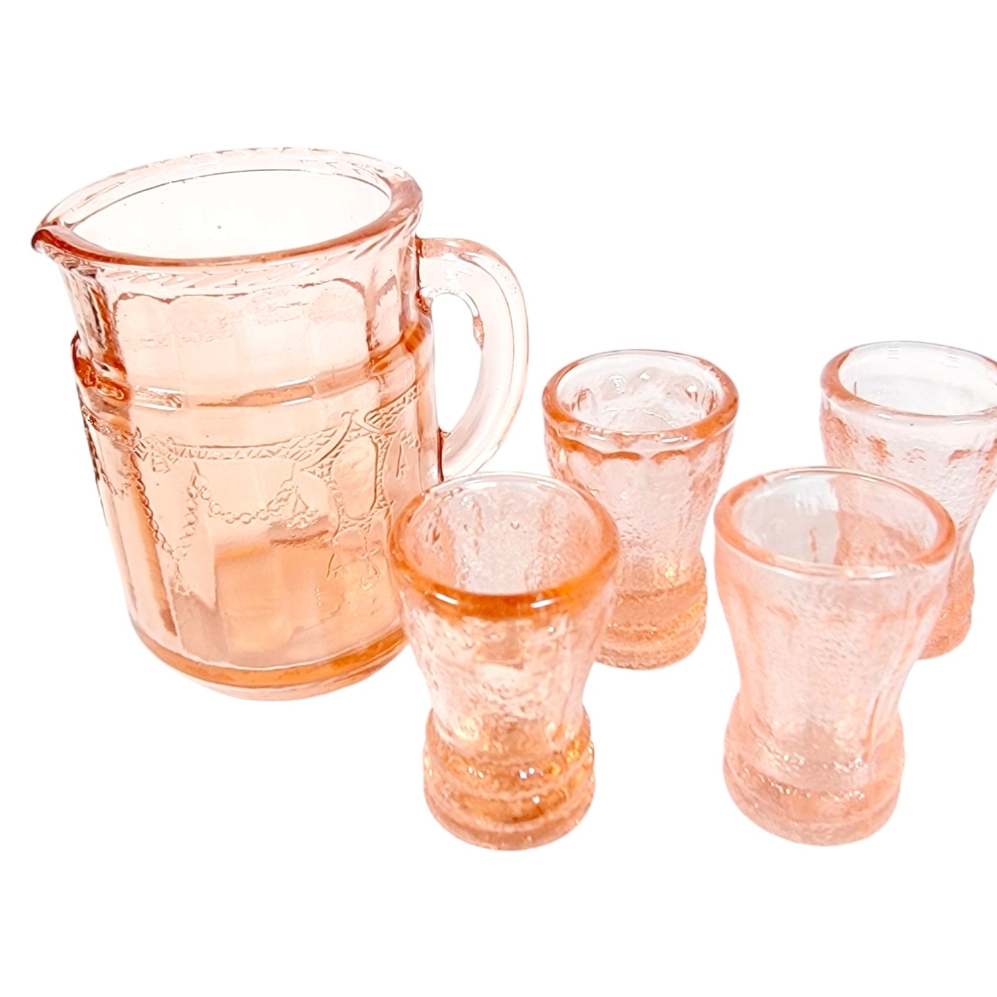 Tiny Vintage Pink Depression Glass Mini Pitcher with 4 Mini Water Tumblers, Doll Tea Party