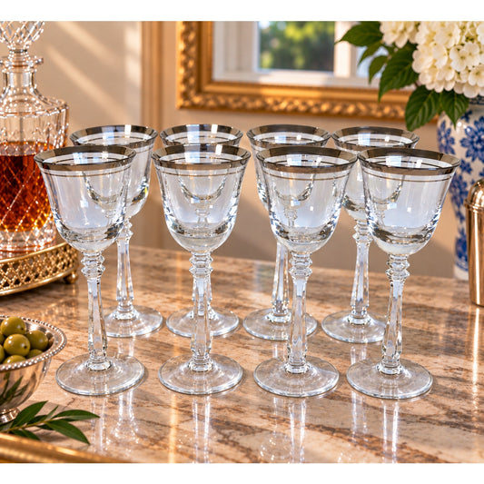 Vintage Mikasa Silver Mist 57618 Cordial Glasses Platinum Rim Set of 8 1979-87