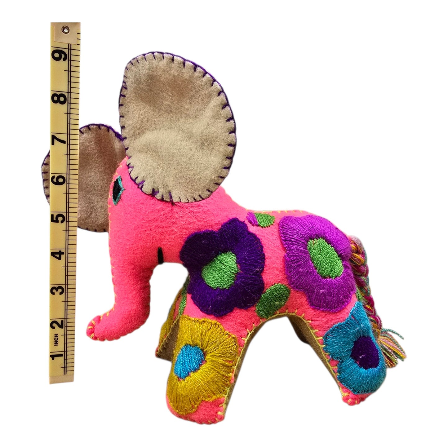 Boho Embroidered Elephant Plush Mexican Folk Art Colorful Otomi Style Decor
