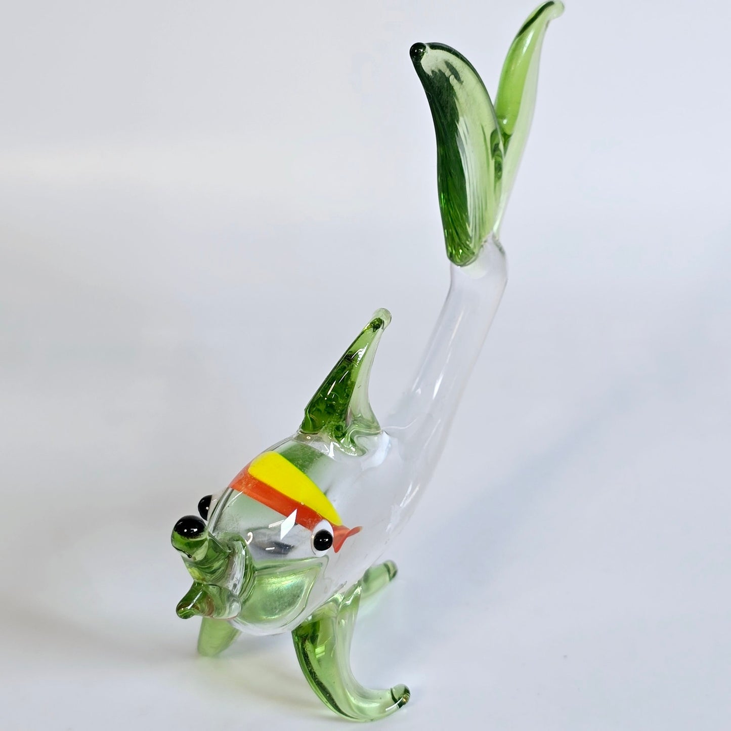 Handblown Art Glass Fish, Green, Yellow, Orange Stretch Glass Fish