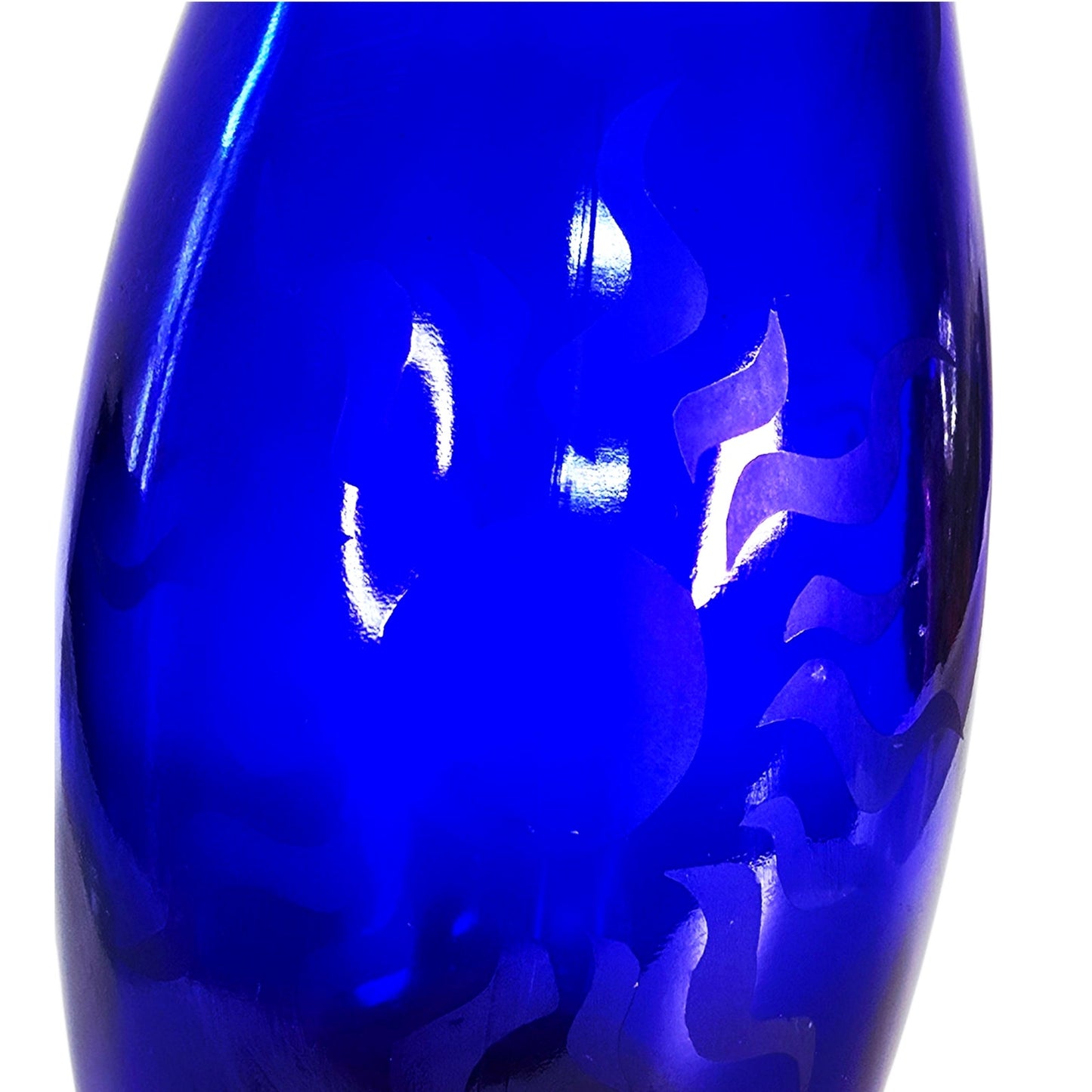 Vtg Decorative Cobalt Blue Glass Bottle with Sun / Sunburst Etching Curved Neck