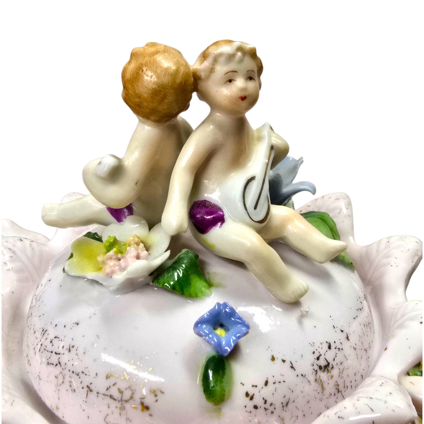 Vintage Capodimonte Style Porcelain Jar Cherub Lid Floral Applied Flowers Pink