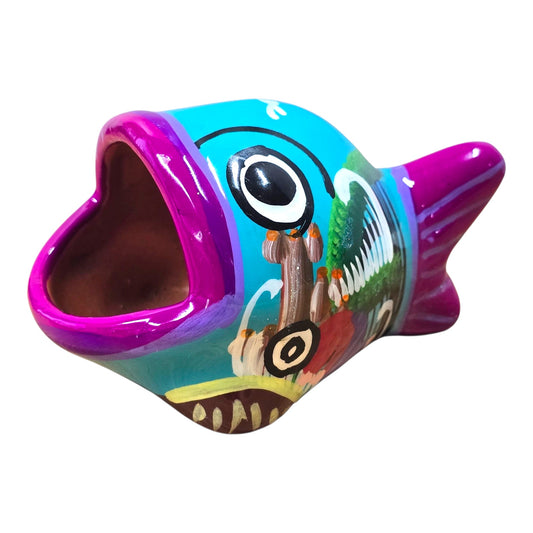 Vtg Mexican Folk Art Fish Vase Hand Painted Pottery Colorful Decor
