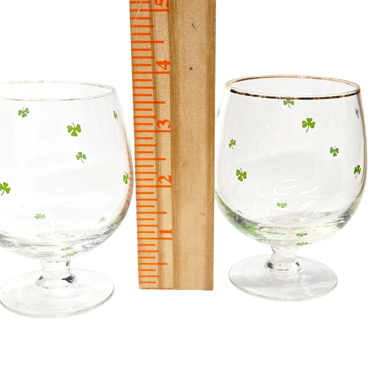 Vintage St. Patrick's Day Shamrock Glasses Gold Rim Clover Stemware Set of 2