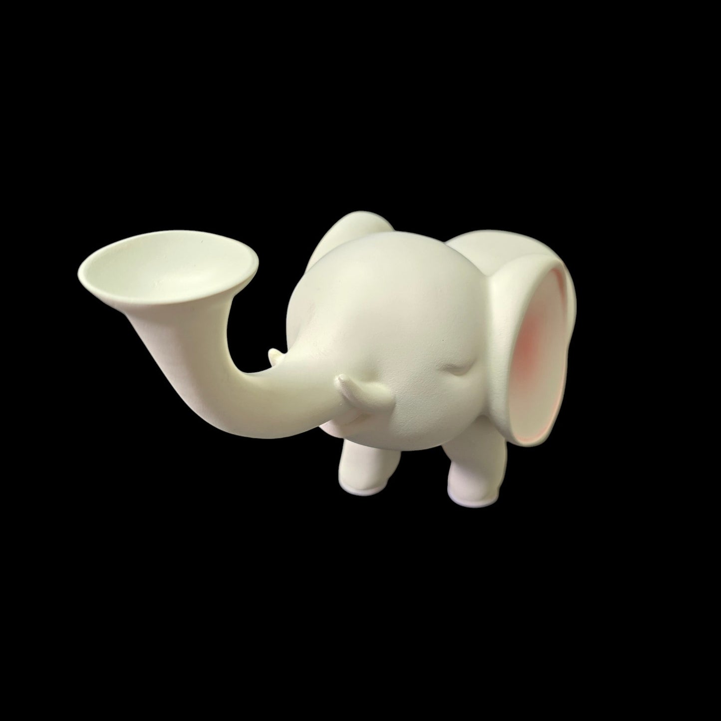 Smooth Satin Ceramic Elephant Figurine, Trunk Up  White and Pink Elephant