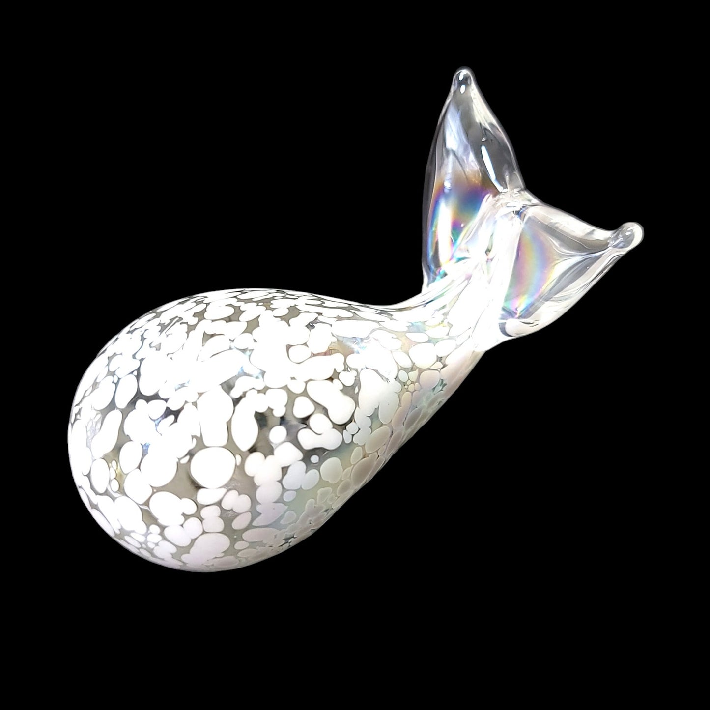 Opalescent Art Glass Whale, Hand-Blown Art Glass Whale Figurine Paperweight 4" W