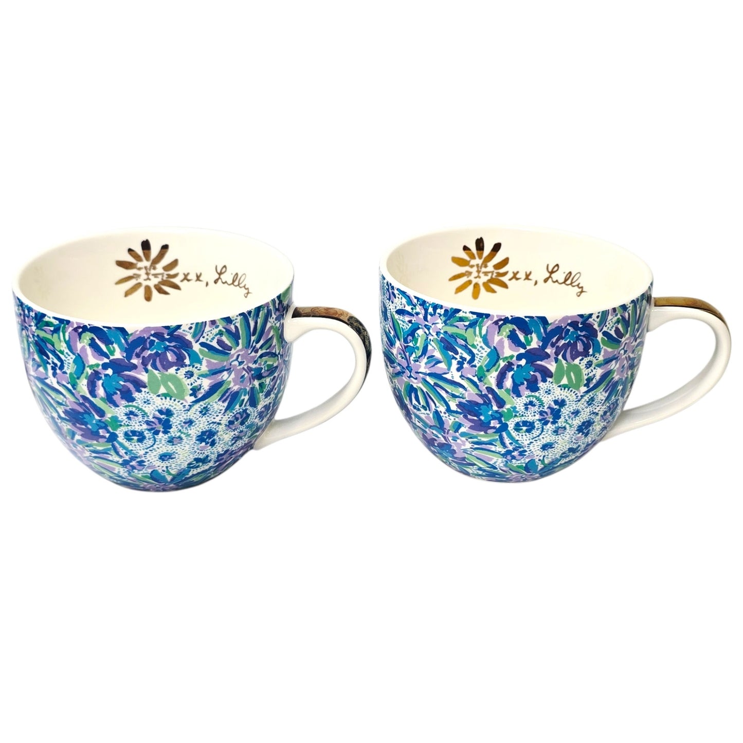 Lilly Pulitzer Coffee Mugs Set Blue Floral Gold Handle XX Lilly Hidden Animal