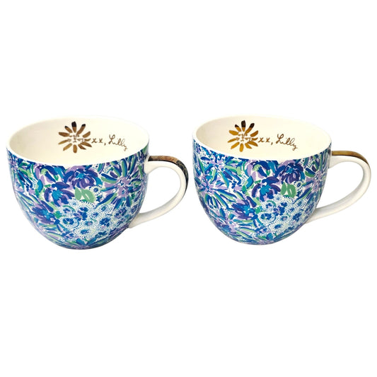 Lilly Pulitzer Coffee Mugs Set Blue Floral Gold Handle XX Lilly Hidden Animal