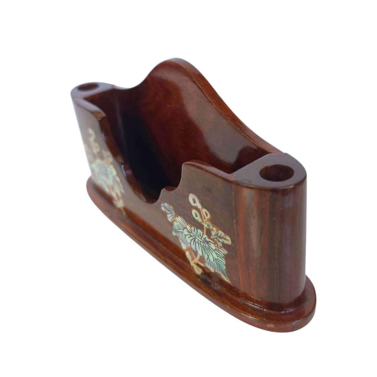 Vintage Wood Desk Organizer Mother of Pearl Inlay Memo Pen Holder Business Card