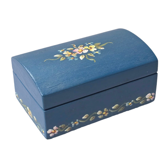 El Salvador Hand-Crafted Hinged Wooded Box, Floral Painted Blue Wooden Box