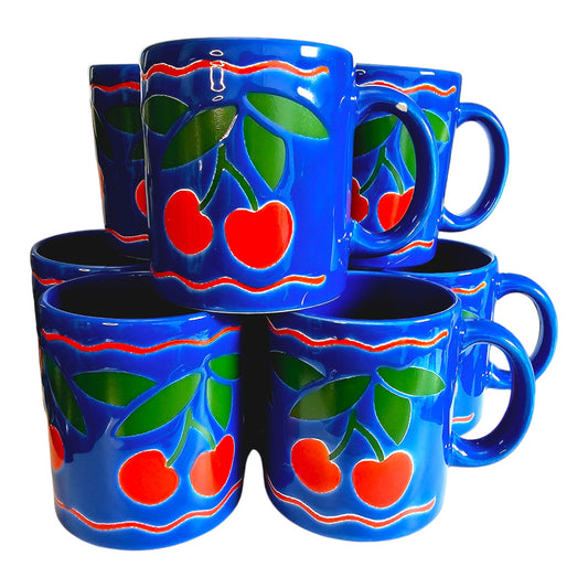 Set of 8 Vintage Waechtersbach Spain Blue Coffee Mugs with Red Cherries