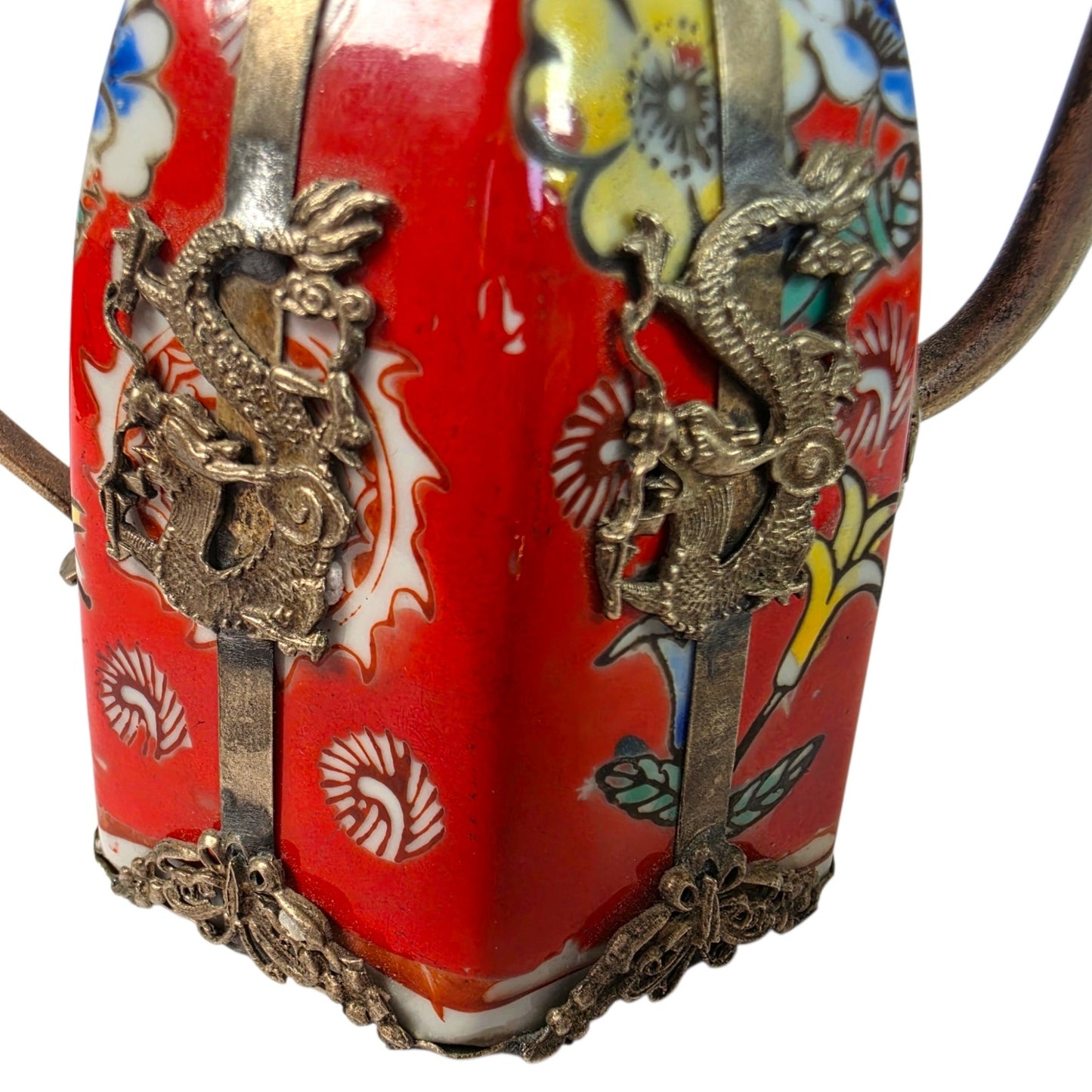 Vintage Miniature Tibetan Porcelain Teapot Metal Filigree Red Dragon Squirrel