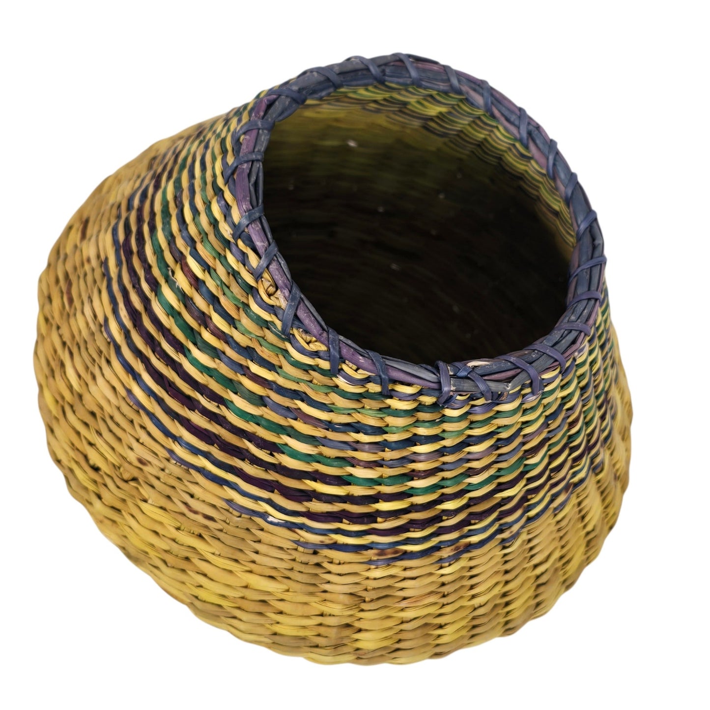 Vintage Woven Seagrass Basket Coiled Boho Yellow Purple Blue Tapered Vase Planter