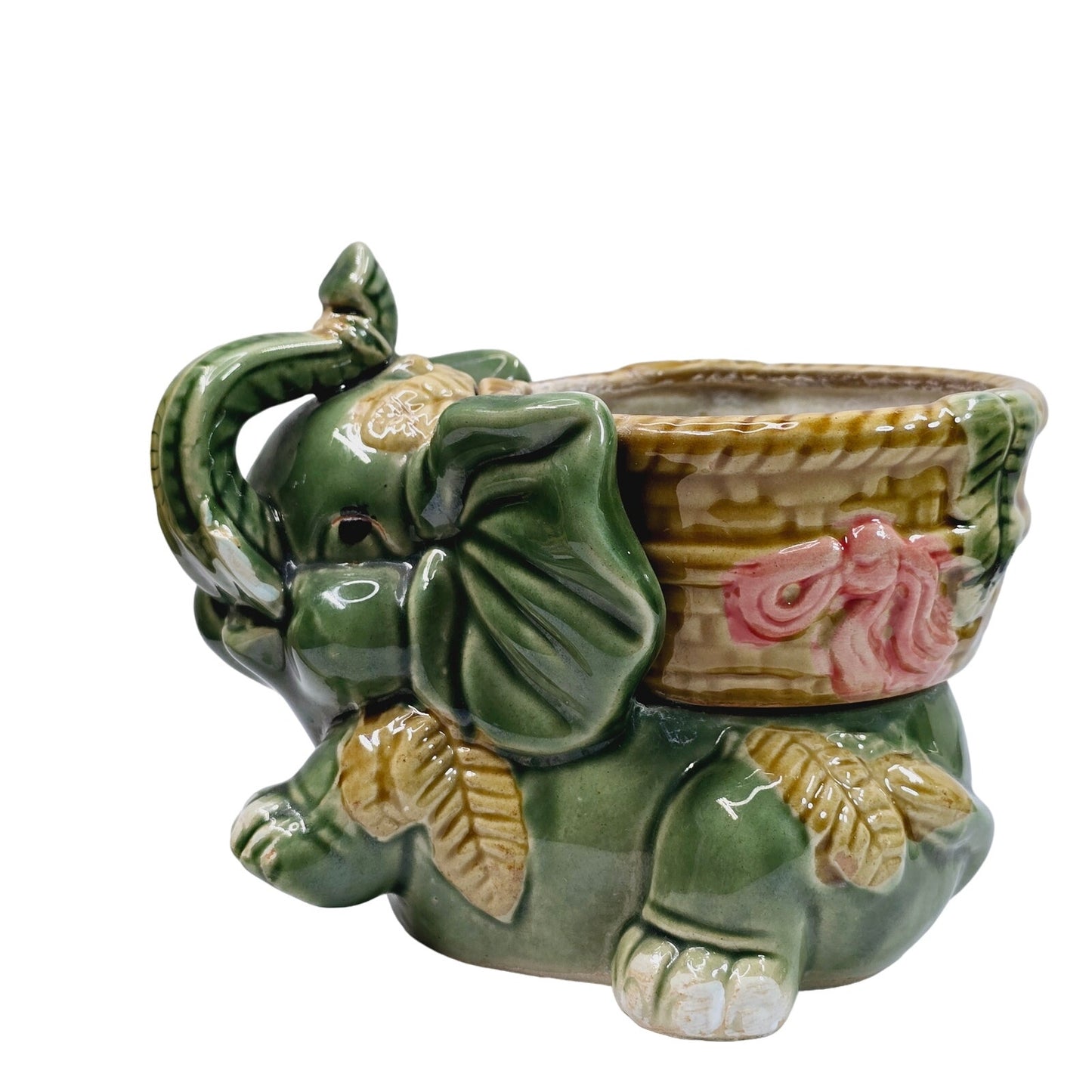 Vintage Majolica Glazed Pottery Lucky Elephant Holding Basket Planter Drip Glaze Trunk Up