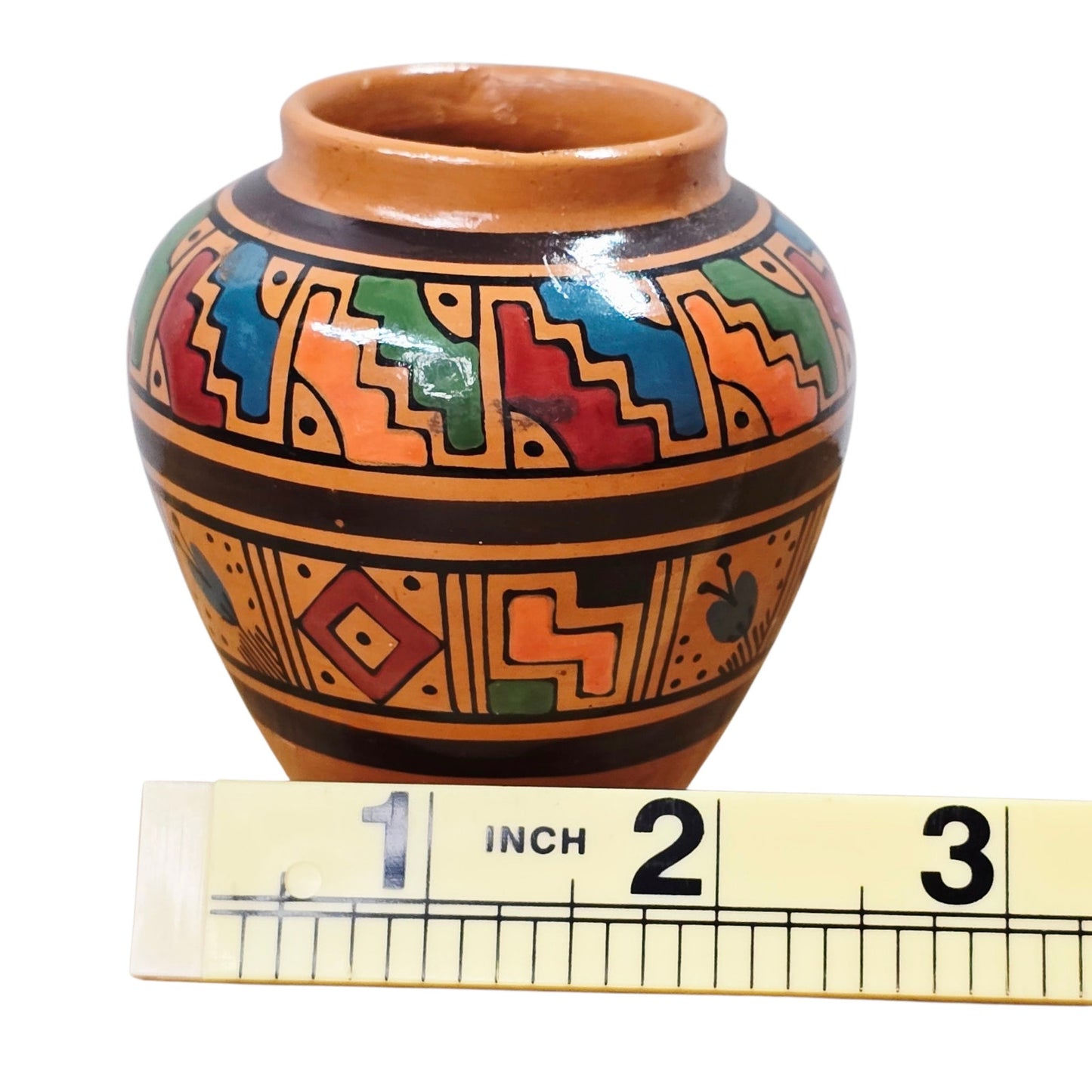 Miniature Ecuador Hand Painted Pottery Vase – Geometric Folk Art Pattern 3”H