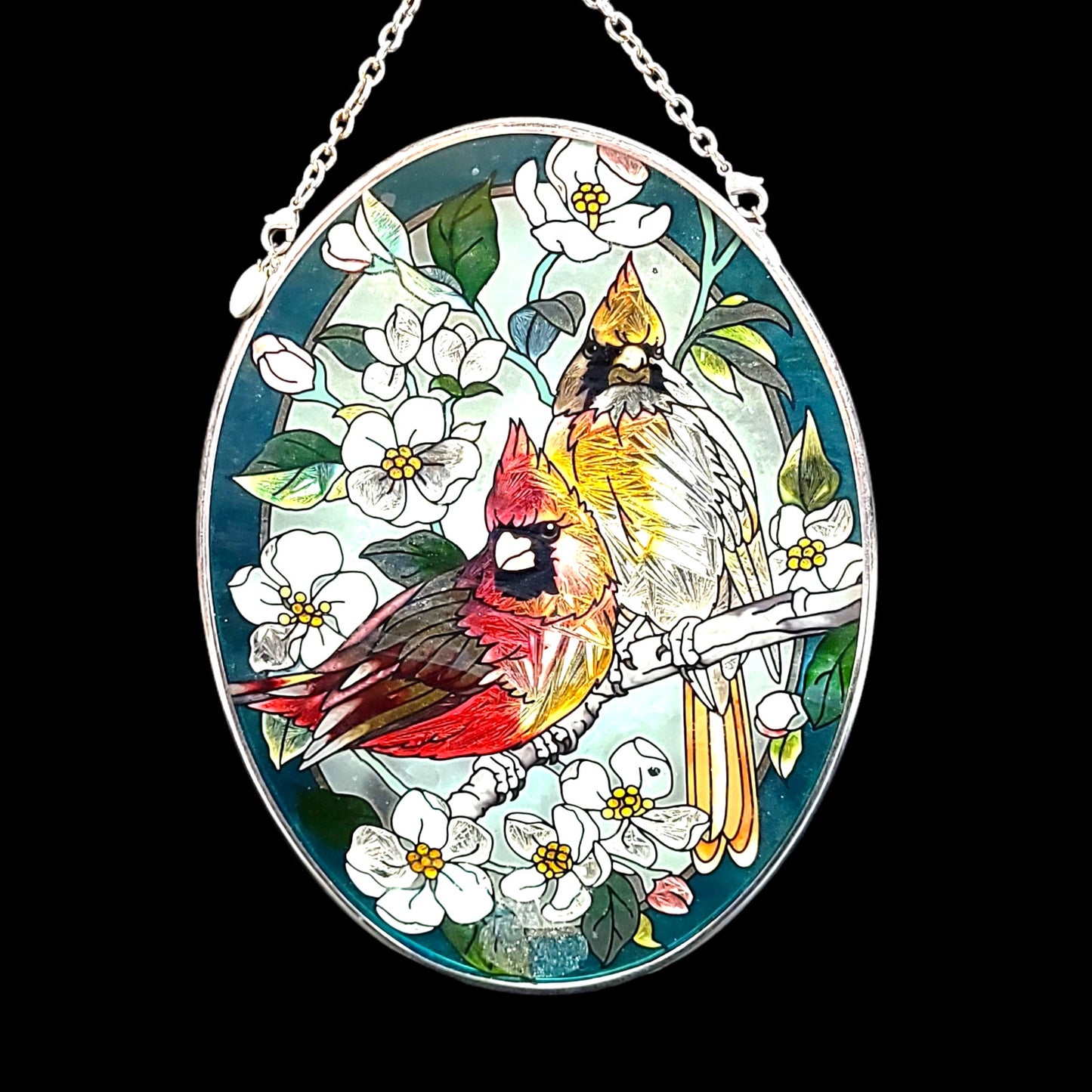 Handpainted Glass SunCatcher with Orchids and Cardinals 7" Oval