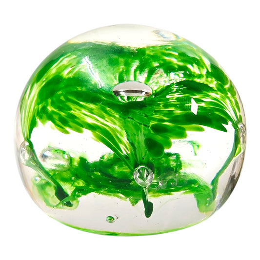 Hand-Blown Art Glass Paperweight, Green Flower Swirl AS IS Imperfection