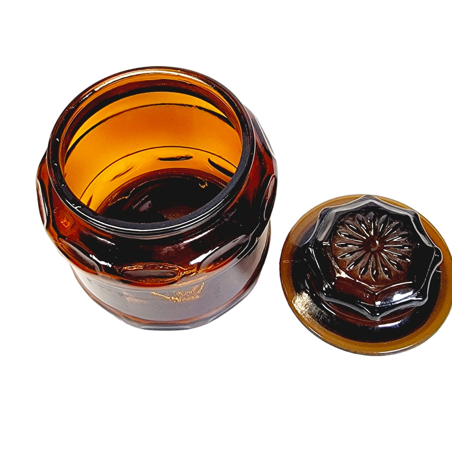 Vintage Dark Amber Brown Glass Apothecary Canister Spice Jar Starburst lid 4.25”