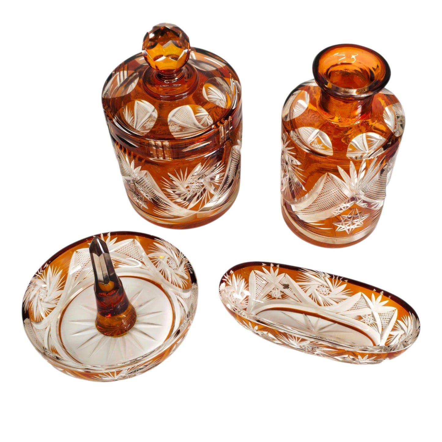 Vtg Amber Bohemian Cut Glass Vanity Set 5‑Piece Jewelry Dresser Set Orange-Brown