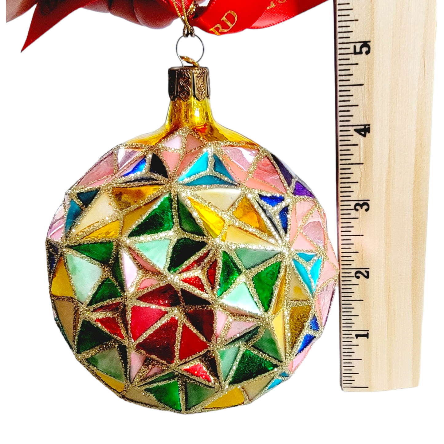 Waterford Christmas Holiday Heirloom Ornament Faceted Multi-Colored Red Ribbon Gold Glitter 5"