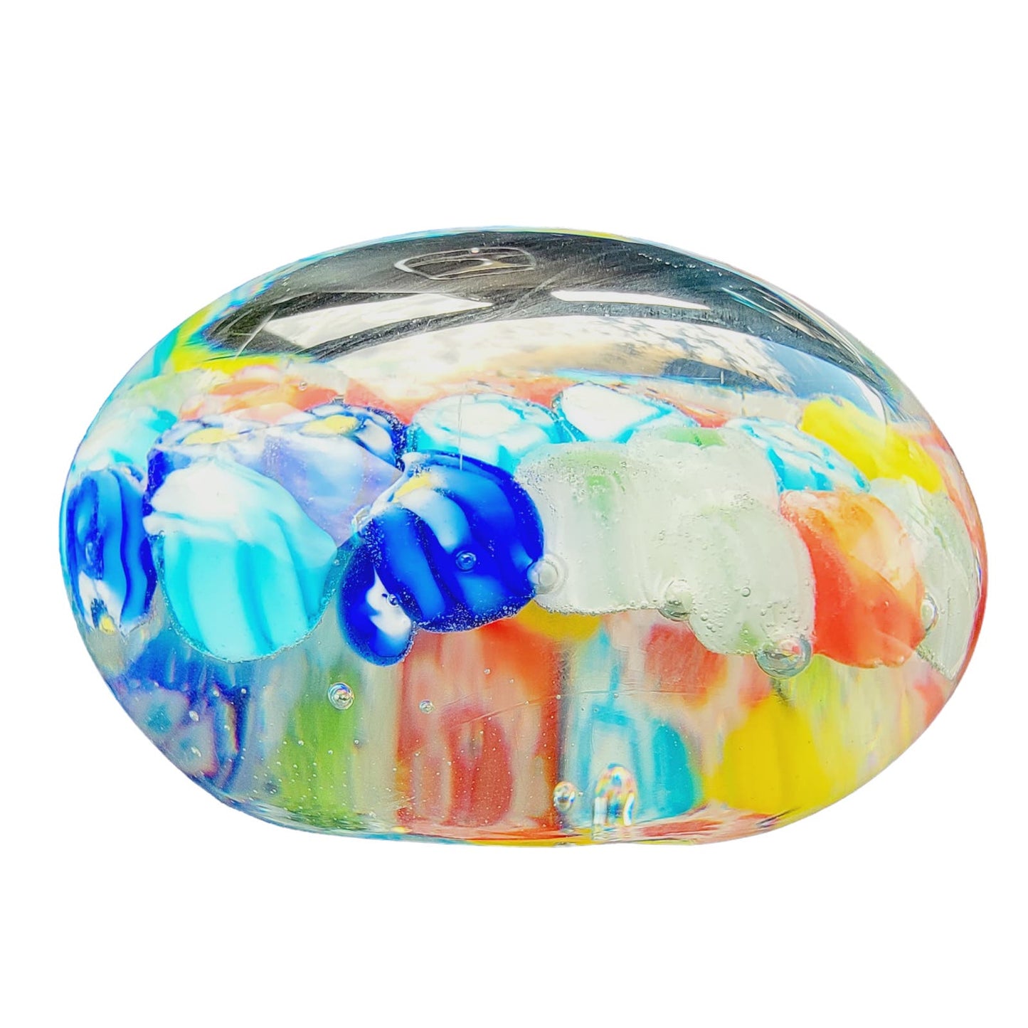 Hand-Blown Art Glass Paperweight, Multicolor Floral Millefiori Style Paperweight