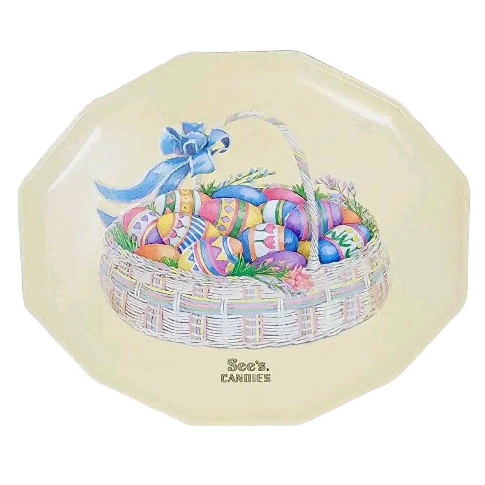 Vintage See's Candies Easter Tin 2004 Octagon Yellow Basket Eggs Gift Box