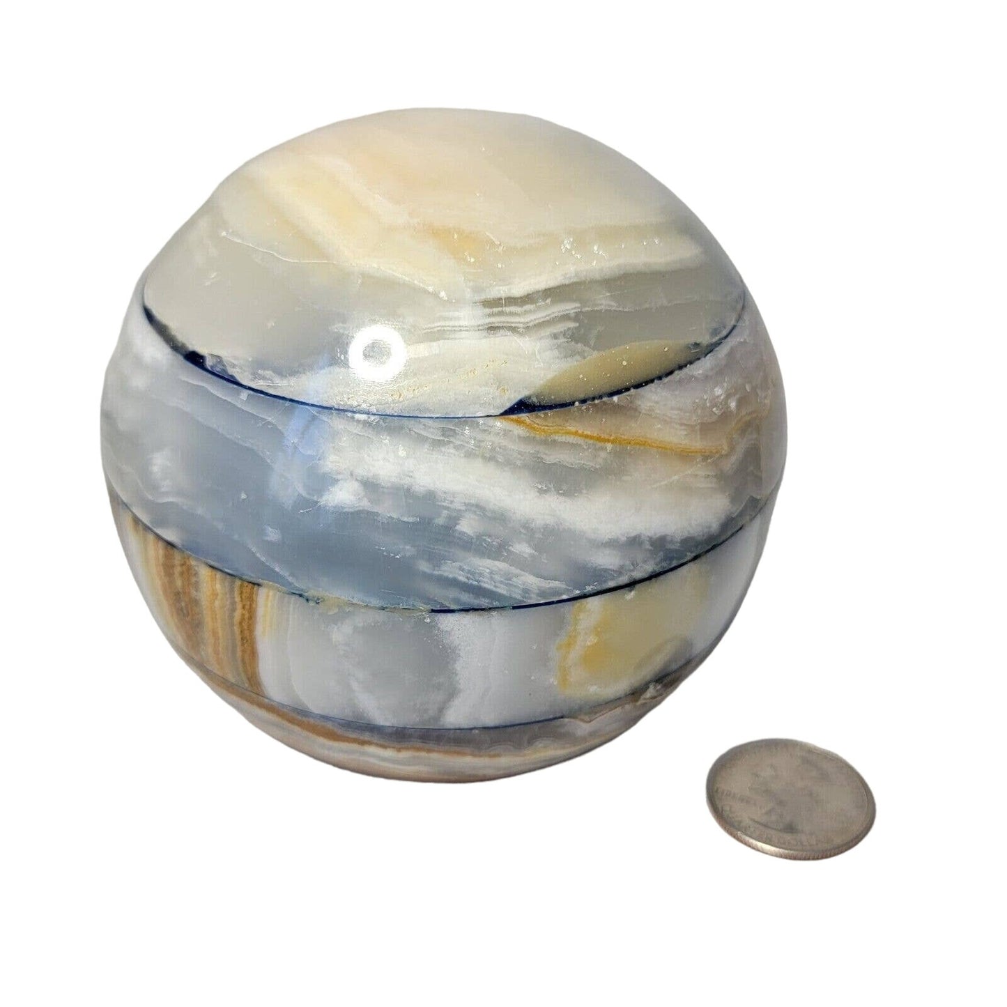 Stone Paperweight, Large Onyx Sphere, Banded Patchwork, Earth Tones, 4"