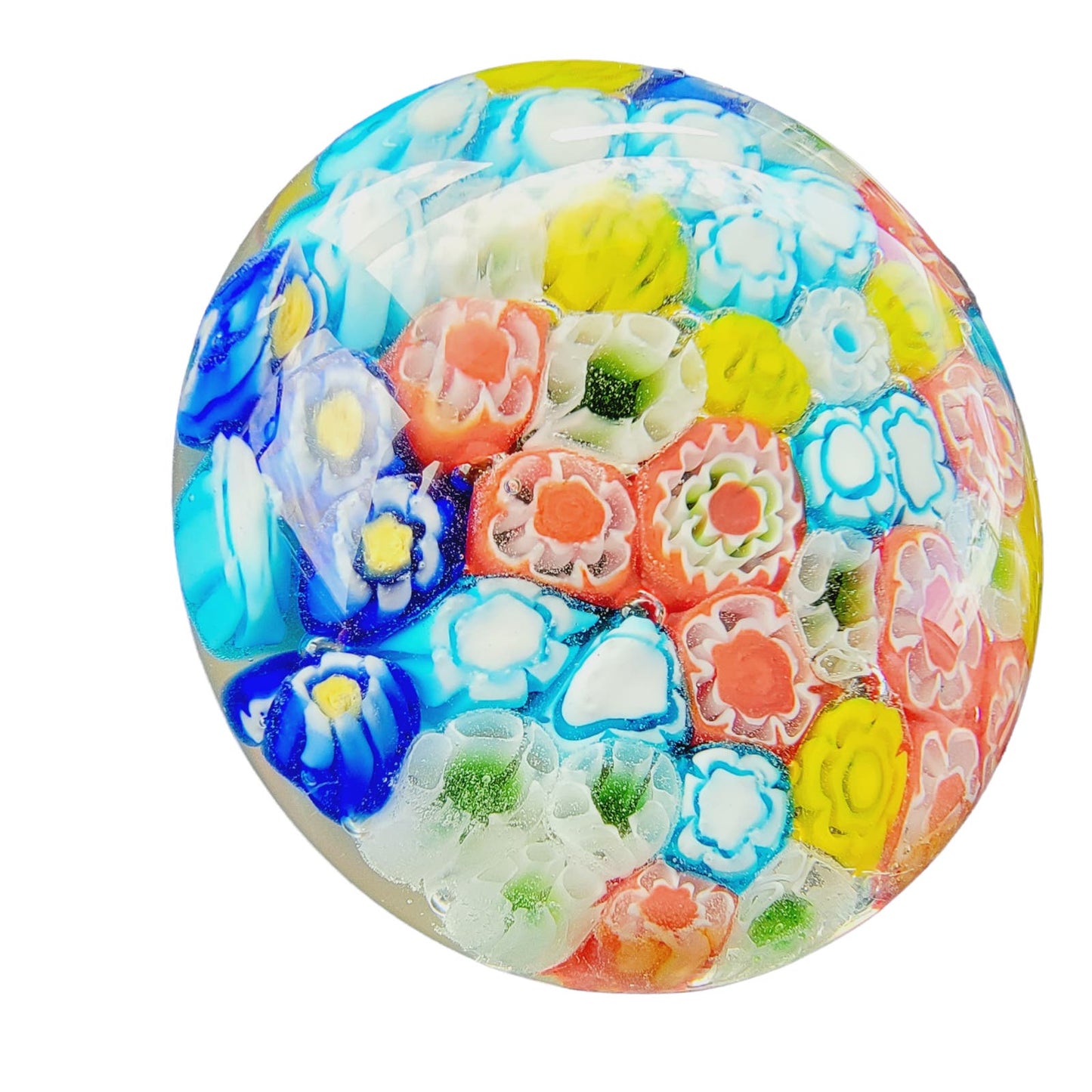 Hand-Blown Art Glass Paperweight, Multicolor Floral Millefiori Style Paperweight