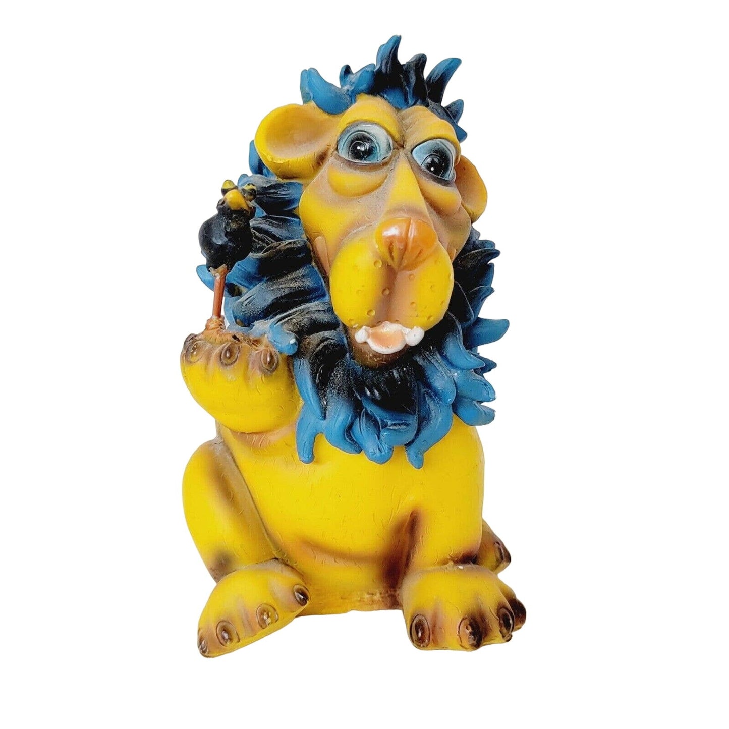 Vintage Lion and Crow Piggy Bank Figurine, Blue Mane Lion Holding Crow Coin Bank