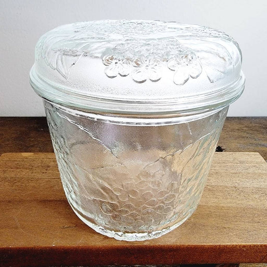 Embossed Small Clear Glass Storage Cannister Jar W/ Lid Floral Pattern 4 3/4"