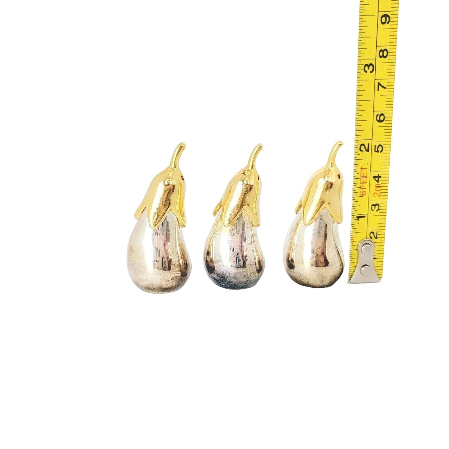 🍆 Eggplant Salt & Pepper Shakers 2" Silver and Gold Tone Set of 3 Joie De Vivre