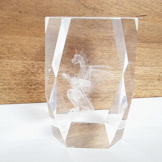 3D Laser Etched Dragon Glass Cube Paperweight See All Photos 3” Tall, AS IS